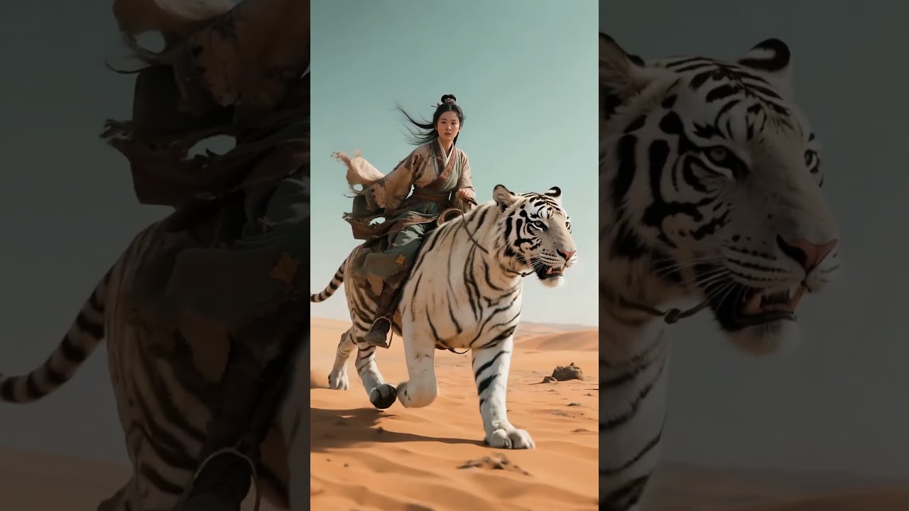 Une belle femme chevauche un immense tigre blanc